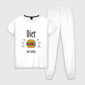 Женская пижама хлопок с принтом Diet Not Today в Тюмени, 100% хлопок | брюки и футболка прямого кроя, без карманов, на брюках мягкая резинка на поясе и по низу штанин | Тематика изображения на принте: булки | бутерброд | гамбургер | диета | еда | жир | зож | картошка фри | котлета | кулинария | кухня | не сегодня | пицца | пп | прикольная надпись | сыр | фастфуд | худею | чизбургер | я на диете