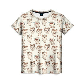 Женская футболка 3D с принтом Стикеры котик в Тюмени, 100% полиэфир ( синтетическое хлопкоподобное полотно) | прямой крой, круглый вырез горловины, длина до линии бедер | vk | вк | вконтакте | кот | котик | стикеры