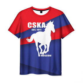 Мужская футболка 3D с принтом CSKA est. 1911 в Тюмени, 100% полиэфир | прямой крой, круглый вырез горловины, длина до линии бедер | Тематика изображения на принте: армейцы | болельщик | кони | красно синие | фанат | футбол | футболист | цска