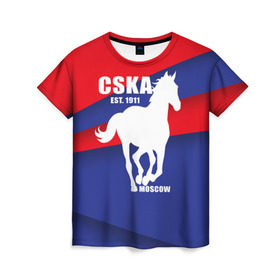 Женская футболка 3D с принтом CSKA est. 1911 в Тюмени, 100% полиэфир ( синтетическое хлопкоподобное полотно) | прямой крой, круглый вырез горловины, длина до линии бедер | армейцы | болельщик | кони | красно синие | фанат | футбол | футболист | цска
