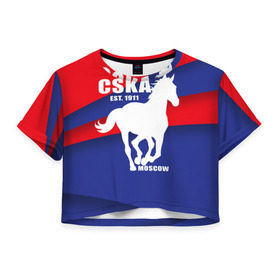 Женская футболка 3D укороченная с принтом CSKA est. 1911 в Тюмени, 100% полиэстер | круглая горловина, длина футболки до линии талии, рукава с отворотами | армейцы | болельщик | кони | красно синие | фанат | футбол | футболист | цска