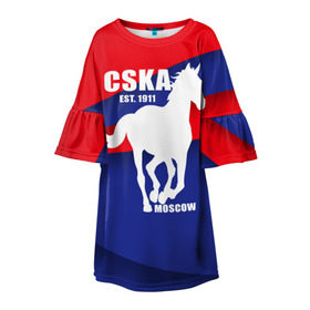 Детское платье 3D с принтом CSKA est. 1911 в Тюмени, 100% полиэстер | прямой силуэт, чуть расширенный к низу. Круглая горловина, на рукавах — воланы | армейцы | болельщик | кони | красно синие | фанат | футбол | футболист | цска