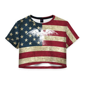 Женская футболка 3D укороченная с принтом Флаг США с белым орлом в Тюмени, 100% полиэстер | круглая горловина, длина футболки до линии талии, рукава с отворотами | usa | америка | американец | америки | звездно полосатый | необычный | нью йорк | орел | соединенные | сша | флаг | штаты | янки