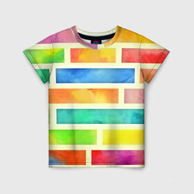 Детская футболка 3D с принтом Bricks Watercolor в Тюмени, 100% гипоаллергенный полиэфир | прямой крой, круглый вырез горловины, длина до линии бедер, чуть спущенное плечо, ткань немного тянется | 3d | watercolor | кирпичики | клетка | радуга | текстуры | цветные линии