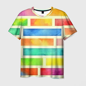 Мужская футболка 3D с принтом Bricks Watercolor в Тюмени, 100% полиэфир | прямой крой, круглый вырез горловины, длина до линии бедер | 3d | watercolor | кирпичики | клетка | радуга | текстуры | цветные линии