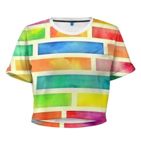 Женская футболка 3D укороченная с принтом Bricks Watercolor в Тюмени, 100% полиэстер | круглая горловина, длина футболки до линии талии, рукава с отворотами | 3d | watercolor | кирпичики | клетка | радуга | текстуры | цветные линии