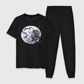 Мужская пижама хлопок с принтом Сова ниндзя в Тюмени, 100% хлопок | брюки и футболка прямого кроя, без карманов, на брюках мягкая резинка на поясе и по низу штанин
 | ninja | owl | летучие мыши | луна | ночь | сюрикен | филин