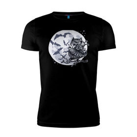 Мужская футболка премиум с принтом Сова ниндзя в Тюмени, 92% хлопок, 8% лайкра | приталенный силуэт, круглый вырез ворота, длина до линии бедра, короткий рукав | ninja | owl | летучие мыши | луна | ночь | сюрикен | филин