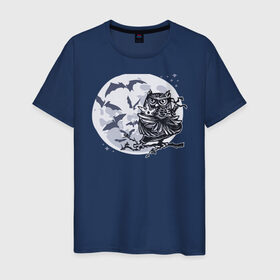 Мужская футболка хлопок с принтом Сова ниндзя в Тюмени, 100% хлопок | прямой крой, круглый вырез горловины, длина до линии бедер, слегка спущенное плечо. | ninja | owl | летучие мыши | луна | ночь | сюрикен | филин
