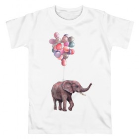 Мужская футболка хлопок с принтом Слоник-подарок в Тюмени, 100% хлопок | прямой крой, круглый вырез горловины, длина до линии бедер, слегка спущенное плечо. | акварель | воздушные шары | легкость | подарок | слон | слоник | шарики | шары