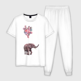 Мужская пижама хлопок с принтом Слоник-подарок в Тюмени, 100% хлопок | брюки и футболка прямого кроя, без карманов, на брюках мягкая резинка на поясе и по низу штанин
 | Тематика изображения на принте: акварель | воздушные шары | легкость | подарок | слон | слоник | шарики | шары