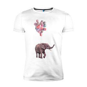 Мужская футболка премиум с принтом Слоник-подарок в Тюмени, 92% хлопок, 8% лайкра | приталенный силуэт, круглый вырез ворота, длина до линии бедра, короткий рукав | акварель | воздушные шары | легкость | подарок | слон | слоник | шарики | шары