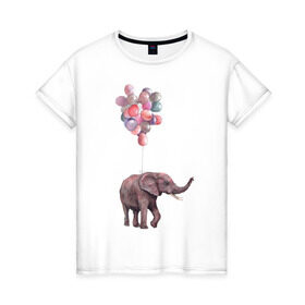 Женская футболка хлопок с принтом Слоник-подарок в Тюмени, 100% хлопок | прямой крой, круглый вырез горловины, длина до линии бедер, слегка спущенное плечо | акварель | воздушные шары | легкость | подарок | слон | слоник | шарики | шары