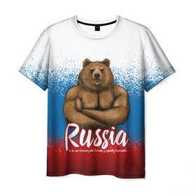 Мужская футболка 3D с принтом Russian Bear в Тюмени, 100% полиэфир | прямой крой, круглый вырез горловины, длина до линии бедер | bear | russia | медведь | патриотическая | россия | русский медведь | триколор | флаг рф