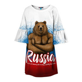Детское платье 3D с принтом Russian Bear в Тюмени, 100% полиэстер | прямой силуэт, чуть расширенный к низу. Круглая горловина, на рукавах — воланы | Тематика изображения на принте: bear | russia | медведь | патриотическая | россия | русский медведь | триколор | флаг рф