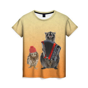 Женская футболка 3D с принтом Енот, сова и аккордион в Тюмени, 100% полиэфир ( синтетическое хлопкоподобное полотно) | прямой крой, круглый вырез горловины, длина до линии бедер | животные | музыка