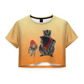 Женская футболка 3D укороченная с принтом Енот, сова и аккордион в Тюмени, 100% полиэстер | круглая горловина, длина футболки до линии талии, рукава с отворотами | животные | музыка