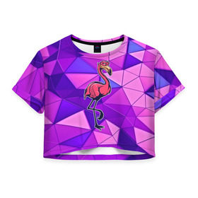 Женская футболка 3D укороченная с принтом Фламинго в Тюмени, 100% полиэстер | круглая горловина, длина футболки до линии талии, рукава с отворотами | bird | flyer | fowl | poultry | seabird | triangle | абстракция | животные | птицы | текстуры | тренд | треугольники | фламинго