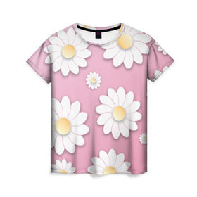 Женская футболка 3D с принтом Ромашки в Тюмени, 100% полиэфир ( синтетическое хлопкоподобное полотно) | прямой крой, круглый вырез горловины, длина до линии бедер | весна | природа | ромашки | цветы
