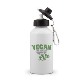 Бутылка спортивная с принтом Vegan for Life в Тюмени, металл | емкость — 500 мл, в комплекте две пластиковые крышки и карабин для крепления | Тематика изображения на принте: green | vegan | yoga | веган | вегетарианец | вегетарианство | витамины | здоровье | зеленый | зож | йога | овощи | фрукты