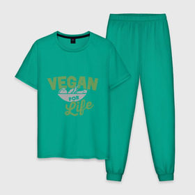 Мужская пижама хлопок с принтом Vegan for Life в Тюмени, 100% хлопок | брюки и футболка прямого кроя, без карманов, на брюках мягкая резинка на поясе и по низу штанин
 | green | vegan | yoga | веган | вегетарианец | вегетарианство | витамины | здоровье | зеленый | зож | йога | овощи | фрукты