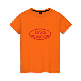 Женская футболка хлопок с принтом Мотоцикл Jawa логотип в Тюмени, 100% хлопок | прямой крой, круглый вырез горловины, длина до линии бедер, слегка спущенное плечо | jawa | мотоцикл | ява