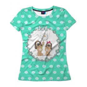 Женская футболка 3D с принтом Собачки в Тюмени, 100% полиэфир ( синтетическое хлопкоподобное полотно) | прямой крой, круглый вырез горловины, длина до линии бедер | 3d | арт | горошек | животные | кружочки | любовь | собака | текстура | цветы