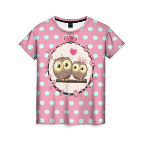 Женская футболка 3D с принтом Совы в Тюмени, 100% полиэфир ( синтетическое хлопкоподобное полотно) | прямой крой, круглый вырез горловины, длина до линии бедер | 3d | горошек | животные | кружочки | любовь | птицы | розовый | сова | текстуры | цветы