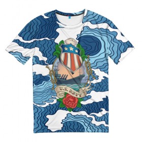 Мужская футболка 3D с принтом U.S.Navy в Тюмени, 100% полиэфир | прямой крой, круглый вырез горловины, длина до линии бедер | 3d | blue | брызги | вмф | вода | военный | волны | исторический | капли | корабль | лето | море | моряк | океан | природа | фрегат | шторм