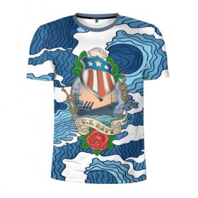 Мужская футболка 3D спортивная с принтом U.S.Navy в Тюмени, 100% полиэстер с улучшенными характеристиками | приталенный силуэт, круглая горловина, широкие плечи, сужается к линии бедра | 3d | blue | брызги | вмф | вода | военный | волны | исторический | капли | корабль | лето | море | моряк | океан | природа | фрегат | шторм