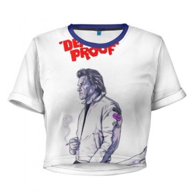 Женская футболка 3D укороченная с принтом Death proof в Тюмени, 100% полиэстер | круглая горловина, длина футболки до линии талии, рукава с отворотами | stuntman mike | квентин | курт рассел | тарантино