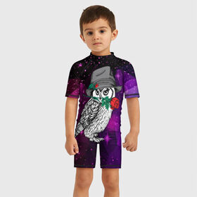 Детский купальный костюм 3D с принтом Сова в Тюмени, Полиэстер 85%, Спандекс 15% | застежка на молнии на спине | 3d | абстракция | арт | звезды | космос | полигоны | птица | сова | цветы