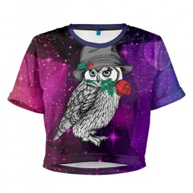 Женская футболка 3D укороченная с принтом Сова в Тюмени, 100% полиэстер | круглая горловина, длина футболки до линии талии, рукава с отворотами | 3d | абстракция | арт | звезды | космос | полигоны | птица | сова | цветы