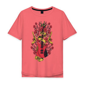 Мужская футболка хлопок Oversize с принтом GunsnRoses в Тюмени, 100% хлопок | свободный крой, круглый ворот, “спинка” длиннее передней части | guitar | gun | guns | music | rock | rose | roses | гитара | музыка | пистолет | розы | рок