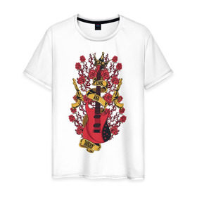 Мужская футболка хлопок с принтом Guns`n`Roses в Тюмени, 100% хлопок | прямой крой, круглый вырез горловины, длина до линии бедер, слегка спущенное плечо. | guitar | gun | guns | music | rock | rose | roses | гитара | музыка | пистолет | розы | рок