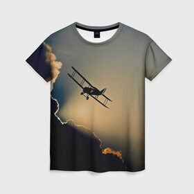 Женская футболка 3D с принтом Покоритель небес в Тюмени, 100% полиэфир ( синтетическое хлопкоподобное полотно) | прямой крой, круглый вырез горловины, длина до линии бедер | закат | кукурузник | небо | облака | самолёт | силуэт