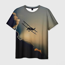 Мужская футболка 3D с принтом Покоритель небес в Тюмени, 100% полиэфир | прямой крой, круглый вырез горловины, длина до линии бедер | Тематика изображения на принте: закат | кукурузник | небо | облака | самолёт | силуэт