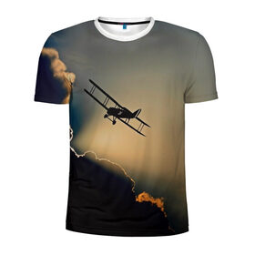 Мужская футболка 3D спортивная с принтом Покоритель небес в Тюмени, 100% полиэстер с улучшенными характеристиками | приталенный силуэт, круглая горловина, широкие плечи, сужается к линии бедра | Тематика изображения на принте: закат | кукурузник | небо | облака | самолёт | силуэт