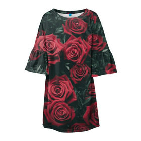 Детское платье 3D с принтом Бархатные розы в Тюмени, 100% полиэстер | прямой силуэт, чуть расширенный к низу. Круглая горловина, на рукавах — воланы | Тематика изображения на принте: бархат | бутоны | роза | розы | цветы