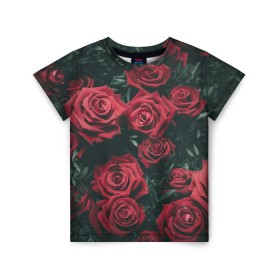 Детская футболка 3D с принтом Бархатные розы в Тюмени, 100% гипоаллергенный полиэфир | прямой крой, круглый вырез горловины, длина до линии бедер, чуть спущенное плечо, ткань немного тянется | Тематика изображения на принте: бархат | бутоны | роза | розы | цветы