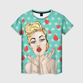 Женская футболка 3D с принтом Pop Art в Тюмени, 100% полиэфир ( синтетическое хлопкоподобное полотно) | прямой крой, круглый вырез горловины, длина до линии бедер | горошек | губы | девушка | кружочки | поп арт | поцелуй | сердечки | текстура