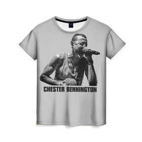 Женская футболка 3D с принтом Честер Беннингтон в Тюмени, 100% полиэфир ( синтетическое хлопкоподобное полотно) | прямой крой, круглый вырез горловины, длина до линии бедер | Тематика изображения на принте: bennington | chester | linkin | park | rip | беннингтон | рок | честер