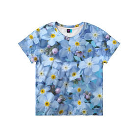 Детская футболка 3D с принтом Незабудки в Тюмени, 100% гипоаллергенный полиэфир | прямой крой, круглый вырез горловины, длина до линии бедер, чуть спущенное плечо, ткань немного тянется | Тематика изображения на принте: лето | небо | цветы