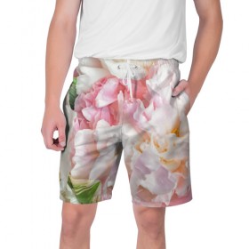 Мужские шорты 3D с принтом Пион в Тюмени,  полиэстер 100% | прямой крой, два кармана без застежек по бокам. Мягкая трикотажная резинка на поясе, внутри которой широкие завязки. Длина чуть выше колен | лето | нежность | цветы