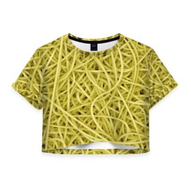 Женская футболка 3D укороченная с принтом Макароны в Тюмени, 100% полиэстер | круглая горловина, длина футболки до линии талии, рукава с отворотами | веган | вемишель | диета | еда | лапша | паста | паттрен | спагетти | текстура