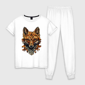 Женская пижама хлопок с принтом Fox в Тюмени, 100% хлопок | брюки и футболка прямого кроя, без карманов, на брюках мягкая резинка на поясе и по низу штанин | art | wild | животные | искусство | лиса | лисица | лисичка | природа