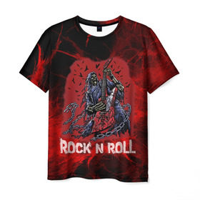 Мужская футболка 3D с принтом Мертвый гитарист в Тюмени, 100% полиэфир | прямой крой, круглый вырез горловины, длина до линии бедер | Тематика изображения на принте: rock | ворон | гитара | гитарист | жанр | космос | красный | мертвец | металл | музыка | надпись | панк | песня | птицы | рок | рок н рол | скелет | стиль | хард | хой | цепи | череп | я люблю рок