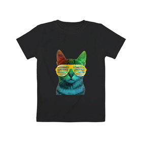 Детская футболка хлопок с принтом Кот в очках в Тюмени, 100% хлопок | круглый вырез горловины, полуприлегающий силуэт, длина до линии бедер | cat | kitty | space | животные | космос | кот | котенок | кошка | очки | радуга | цвет