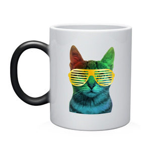 Кружка хамелеон с принтом Кот в очках в Тюмени, керамика | меняет цвет при нагревании, емкость 330 мл | cat | kitty | space | животные | космос | кот | котенок | кошка | очки | радуга | цвет