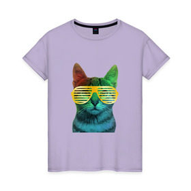 Женская футболка хлопок с принтом Кот в очках в Тюмени, 100% хлопок | прямой крой, круглый вырез горловины, длина до линии бедер, слегка спущенное плечо | cat | kitty | space | животные | космос | кот | котенок | кошка | очки | радуга | цвет